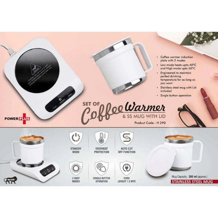 Set of Coffee warmer & SS Mug with Lid | Auto Cut off & Overheat Protection | 2 heat modes